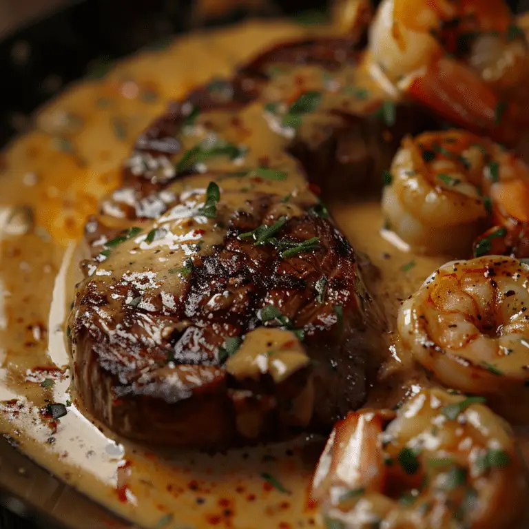 Steak in Creamy Cajun Shrimp Sauce - Delectable Recipe