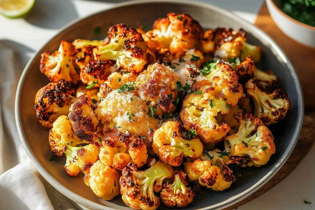 This Crispy Parmesan Roasted Cauliflower is a delicious and healthy side dish with a perfect balance of crunch and flavor. Coated with butter, Parmesan, and paprika, these cauliflower florets are roasted until golden and crispy, making for a delightful addition to any meal. Air fryer instructions are also provided for an even crispier finish.