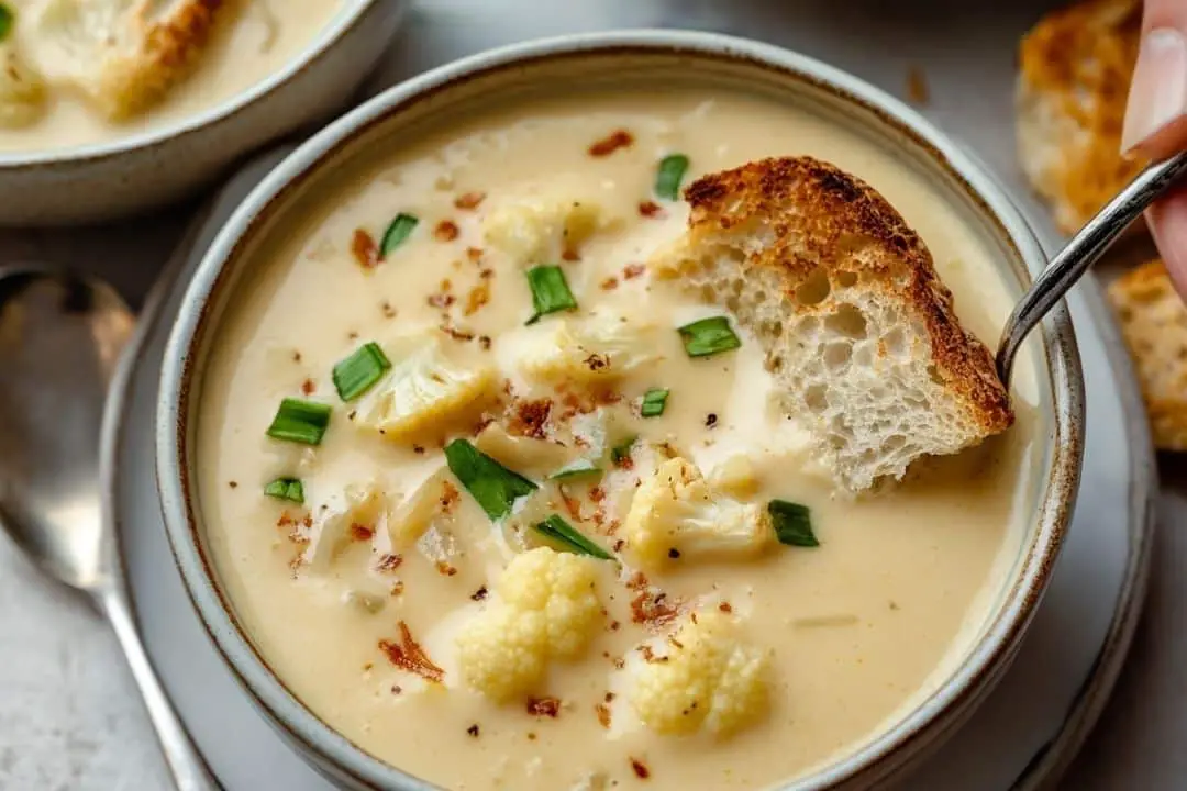 This creamy Roasted Garlic Cheddar Cauliflower Soup is a perfect blend of roasted cauliflower and garlic, finished with sharp cheddar cheese for a rich and flavorful bowl of comfort. Pair it with crusty bread for a delightful meal.