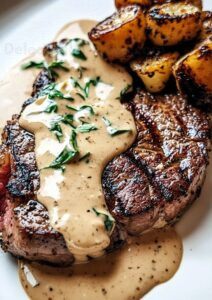 Steak with Bourbon Garlic Cream Sauce - Delectable Recipe