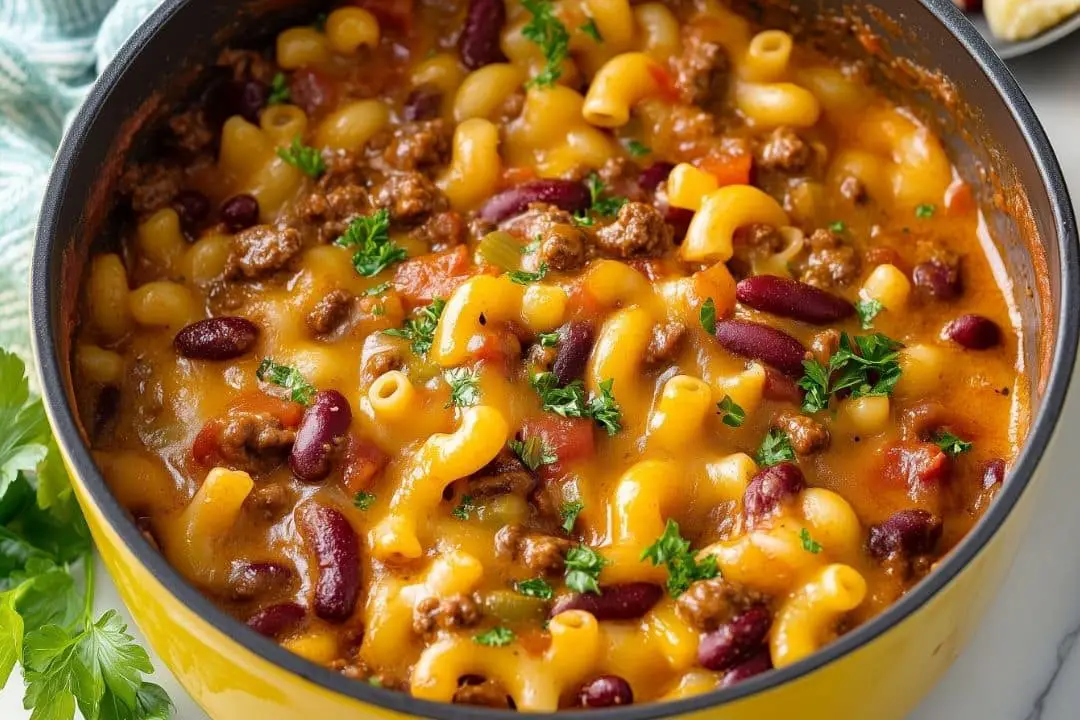 A delicious and hearty combination of homemade chili and creamy mac and cheese, topped with melted cheddar. This dish is perfect for cozy family dinners or game days, and it pairs wonderfully with cornbread!