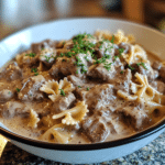 Creamy pasta, Beef pasta, Bowtie pasta, Comfort food, Quick dinner, Ground beef recipe, Pasta dinner