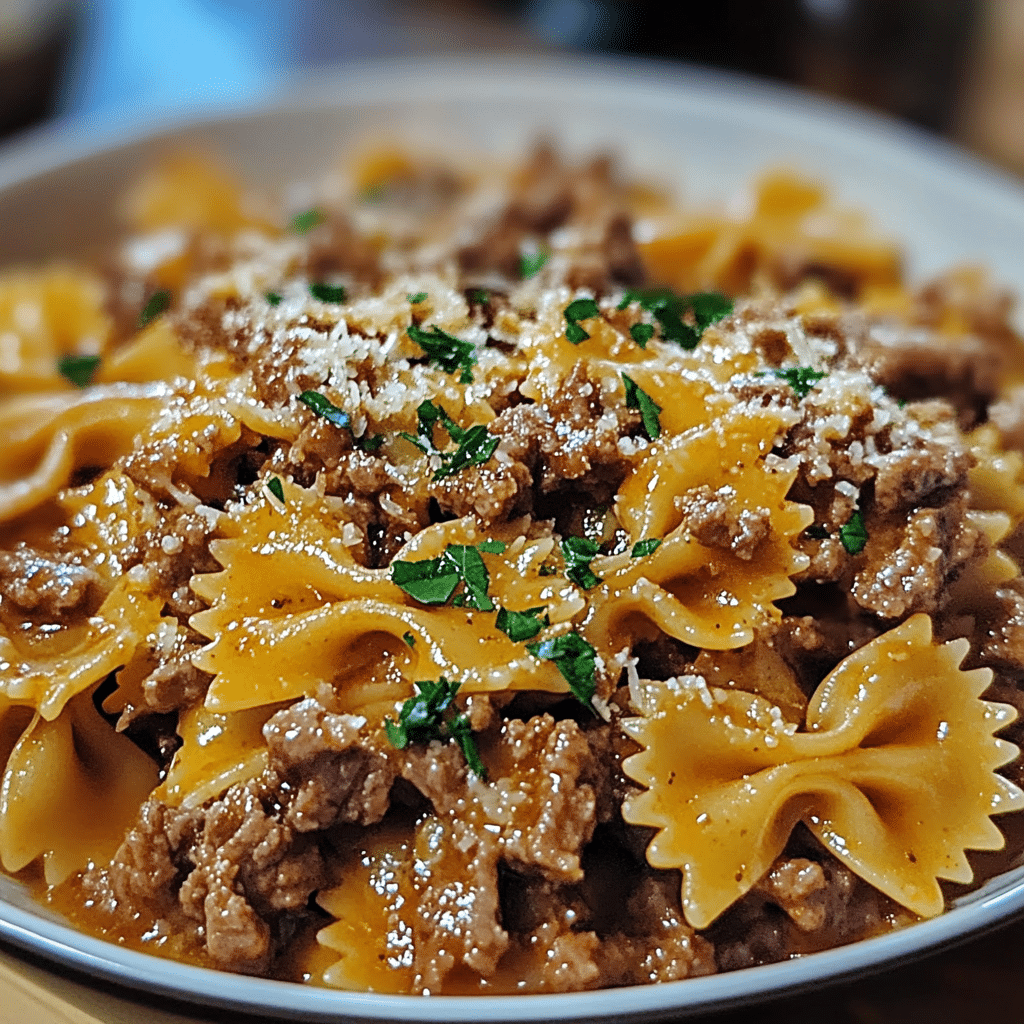 Cheesy pasta, Beef pasta, Garlic butter pasta, Comfort food, Bowtie pasta, Ground beef, Cheesy pasta recipe