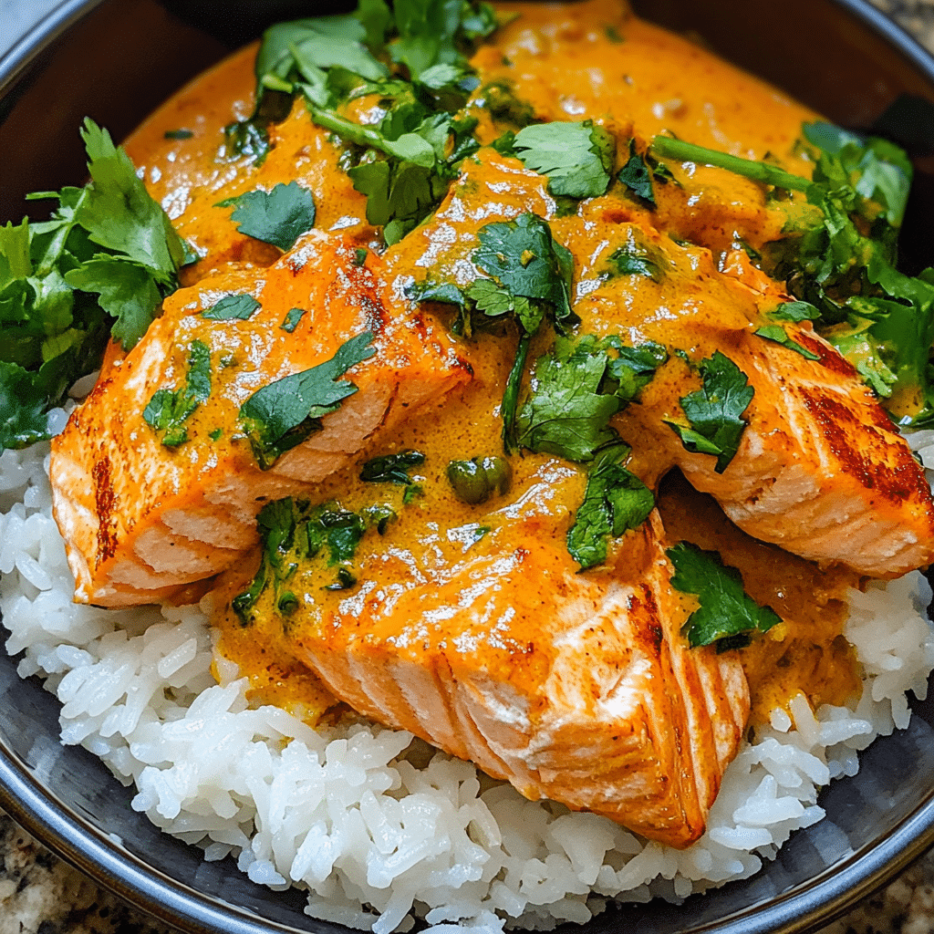 Curried Salmon Rice Bowl with Coconut Curry Sauce