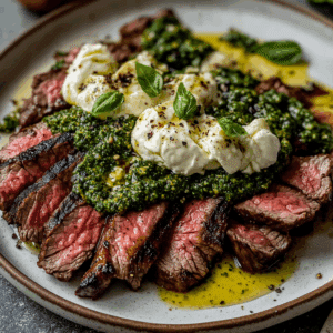 Grilled Flank Steak with Burrata & Pesto