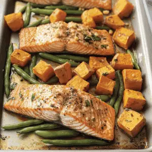 Sheet Pan Baked Salmon with Sweet Potatoes and Green Beans