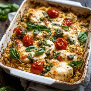 One Pan Chicken Caprese Orzo Bake