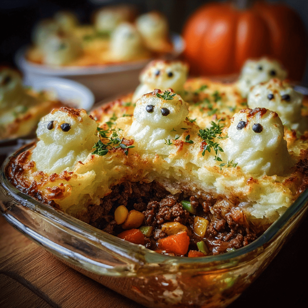 Creepy Shepherd’s Pie With Ground Beef And Ghost Potatoes