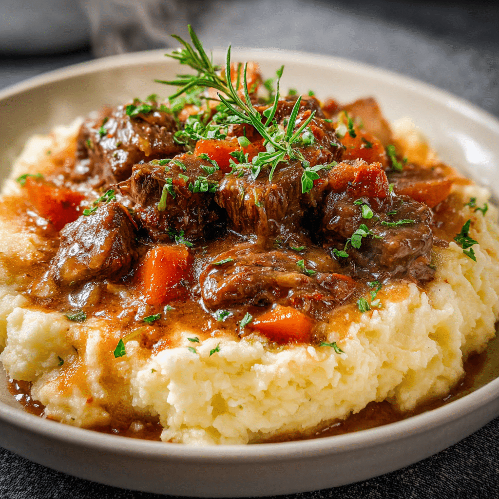 Fall Apple Cider Beef Stew over Mashed Potatoes