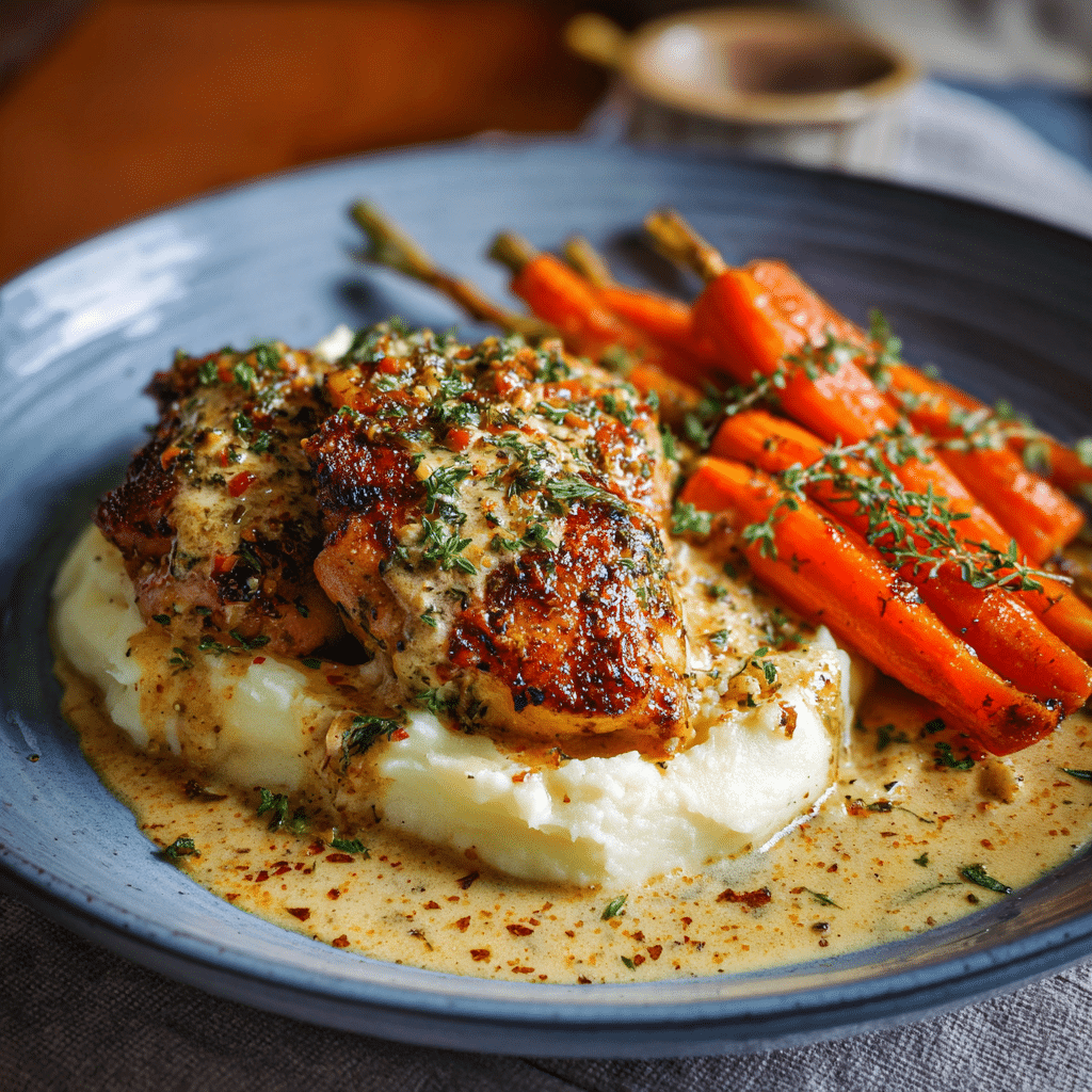 Garlic Herb Chicken with Creamy Mash & Roasted Carrots