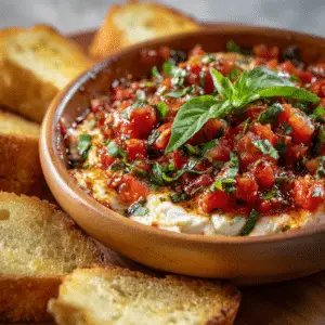 Savory Baked Bruschetta Dip with Fresh Basil and Garlic