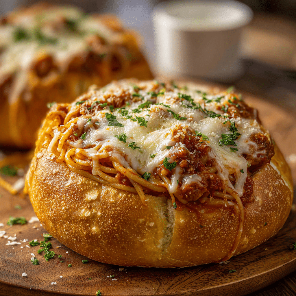 Spaghetti Garlic Bread Bowls