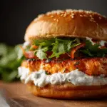Buffalo Chicken Burgers with Whipped Feta Spread