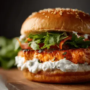 Buffalo Chicken Burgers with Whipped Feta Spread