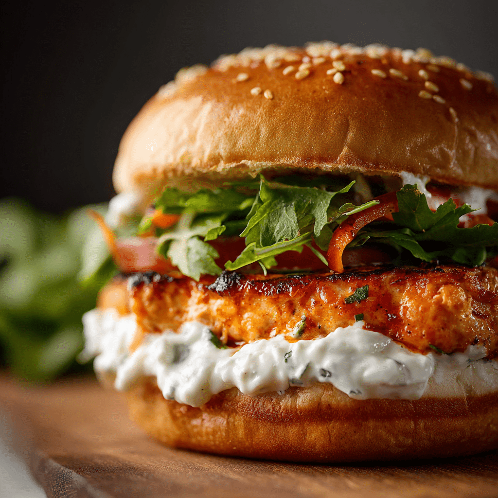 Buffalo Chicken Burgers with Whipped Feta Spread