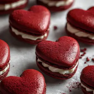 Red Velvet Heart Macarons with Mascarpone Frosting