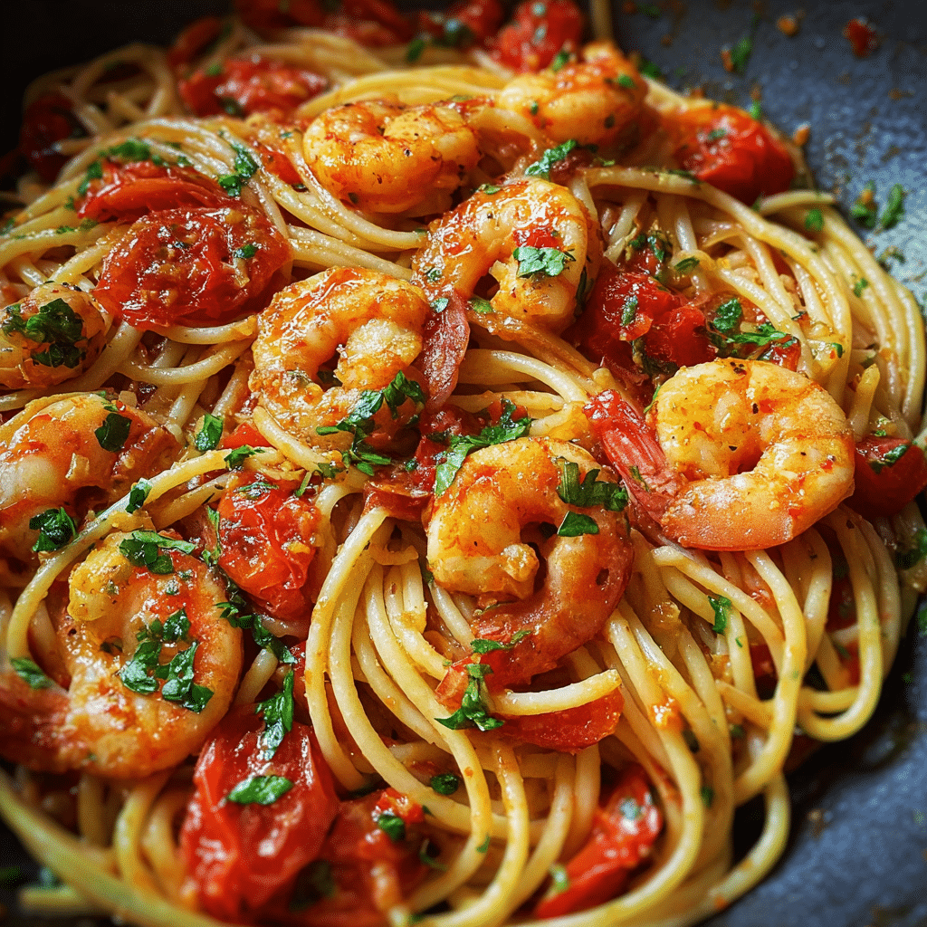 Spicy Shrimp Pasta with Tomatoes and Garlic